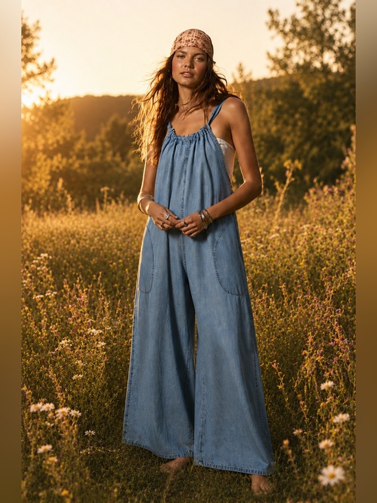 Free People Pants - Free People Light Blue Denim Wide-Leg Jumpsuit
